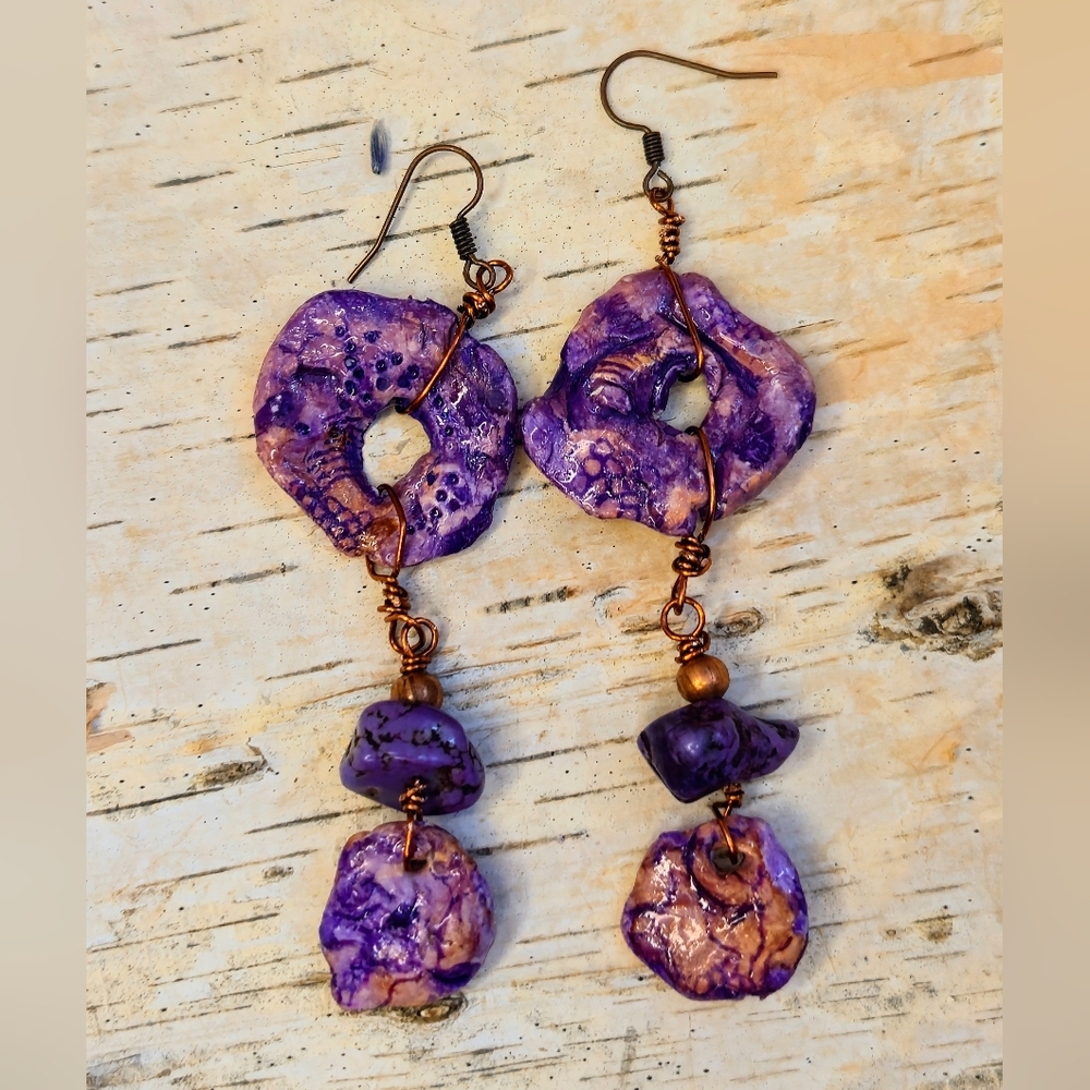 Handcrafted Cave Rustic Purple Artifact In Clay & Stone Earrings  In Copper